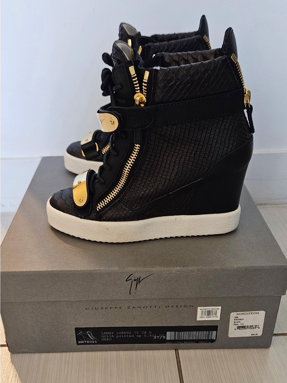 Giuseppe Zanotti Black Leather Wedge Sneakers with Gold Accents and White Soles